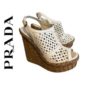 Prada off white and raffia Wedge Sandals